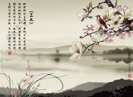 中国风淡色山水玉兰花画