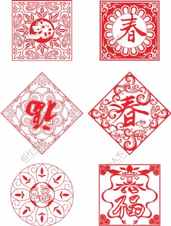中国红色窗花剪纸装饰素材底纹背景图案套图