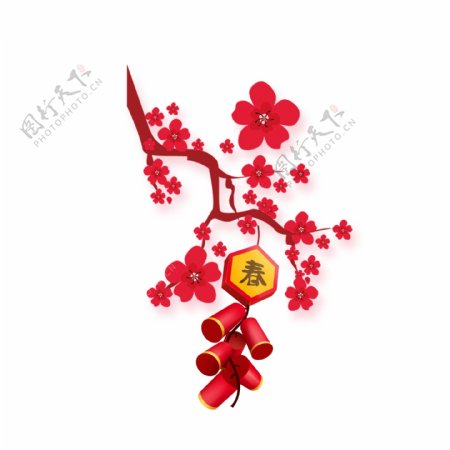 红色花枝鞭炮新年元素设计
