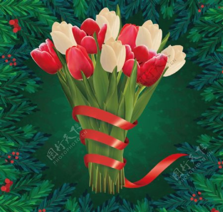 红色丝带围绕的郁金香花束