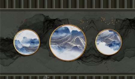 中式意境蓝色山水风景大气背景墙