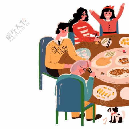 卡通手绘吃饭的一家人