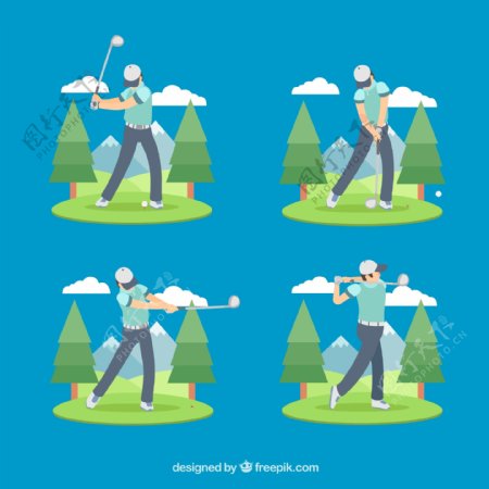 4款创意高尔夫男子动作矢量图