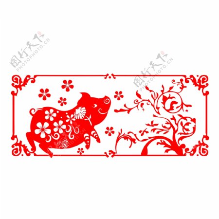 中国风红色喜庆猪元素剪纸