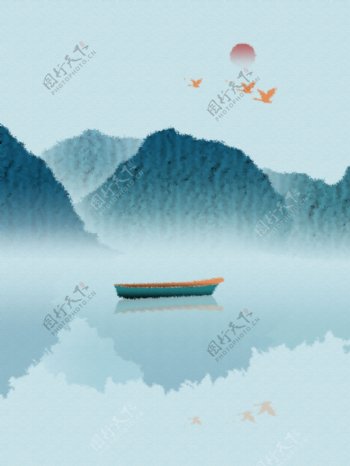 中国风亚麻布机理山水书房装饰画
