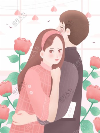 原创小清新三月你好之花丛中拥抱的情侣插画