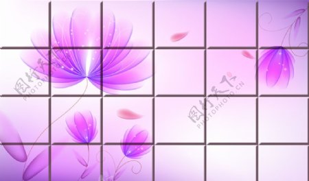 紫色梦幻透明花方块软包电视背景