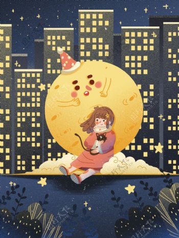 晚安世界治愈创意插画月亮女孩猫咪温馨海报