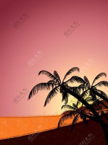纯原创手绘海边晚霞椰树清新自然背景素材