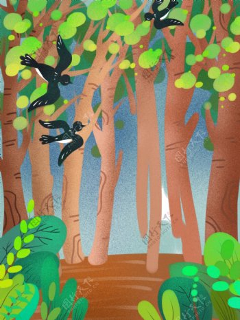 清新手绘春季树林燕子背景设计