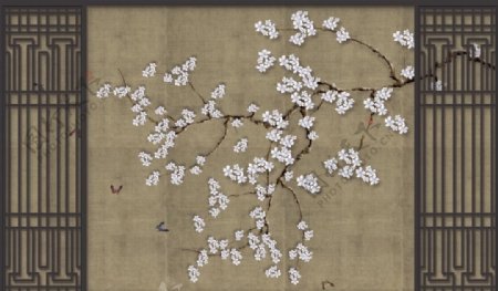 新中式手绘玉兰花蝴蝶背景墙
