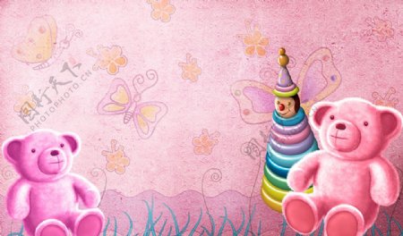浪漫粉色小熊玩具儿童房背景墙