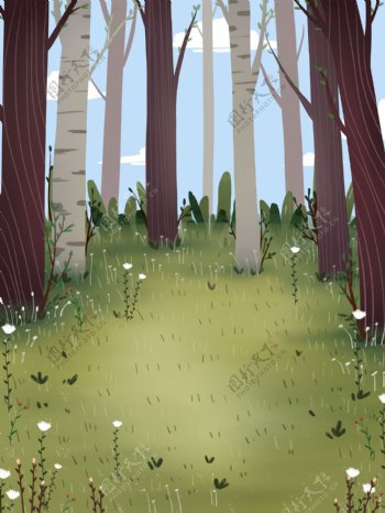 手绘卡通插画树林背景设计