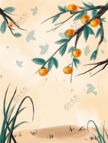 手绘卡通柿子树插画背景