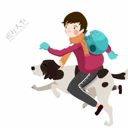 手绘骑着狗狗的男孩