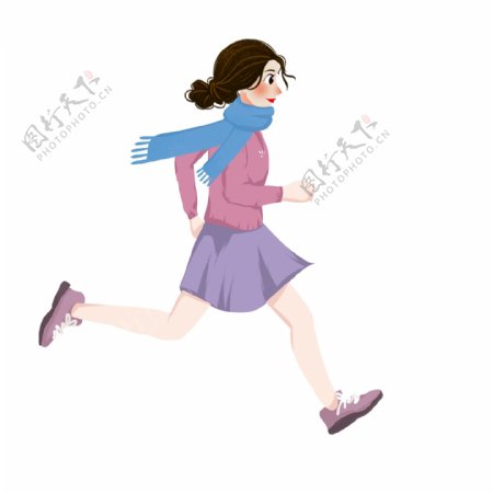 手绘冬天跑步运动的女孩