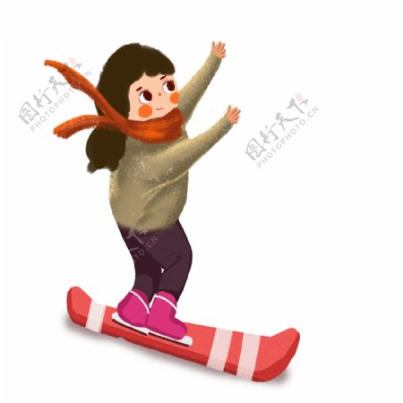 卡通手绘滑雪的女孩