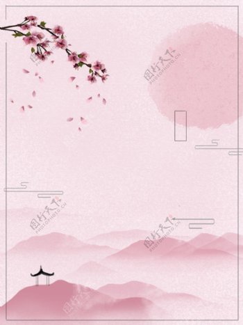 原创典雅中国风粉色桃花远眺山峰背景素材