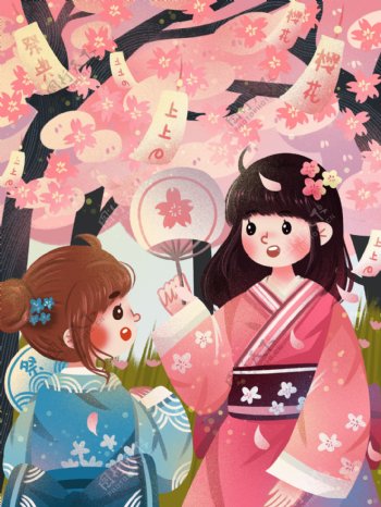 日本樱花节穿着和服的女孩樱花祭奠活动求签