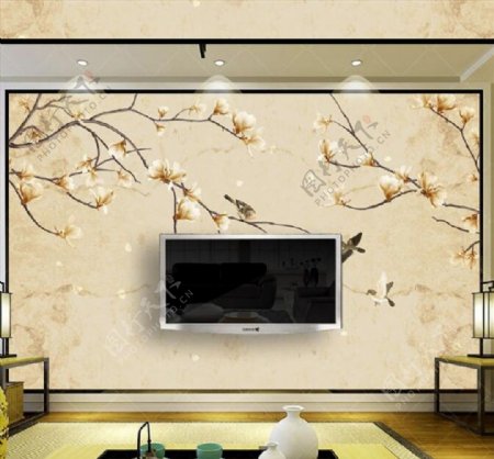中式手绘玉兰花花鸟硬包背景墙