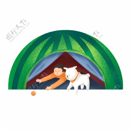 卡通帐篷里的男孩和狗装饰素材