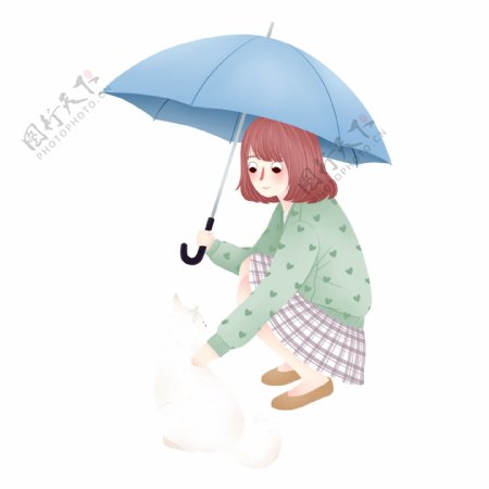手绘可爱打伞女孩和猫png素材