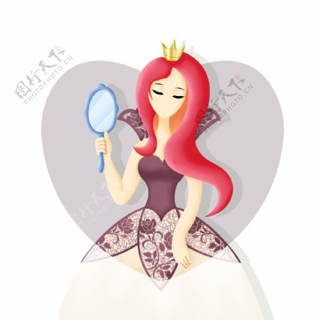 卡通三八女王节妇女节拿镜子红发女王形象