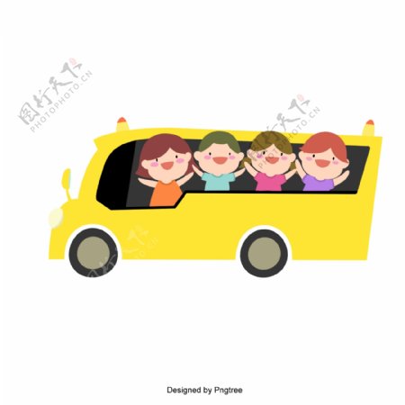 卡通可爱的孩子坐公共汽车去学校