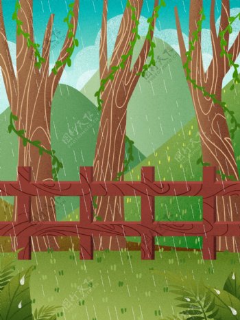 雨季清新森林树林春季插画背景