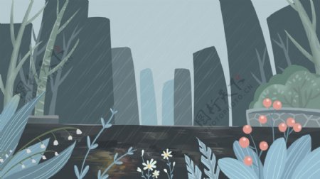雨季城市风景插画背景