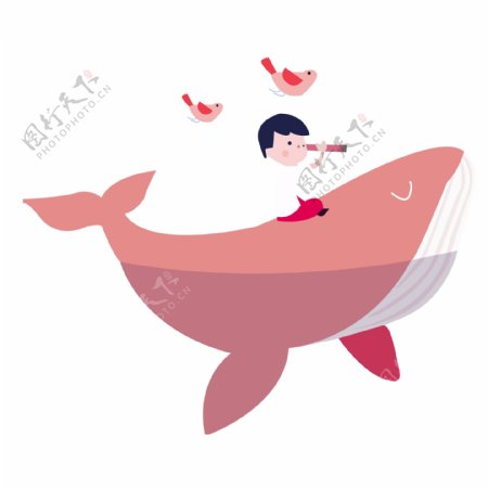 手绘唯美骑鲸鱼的男孩人物元素