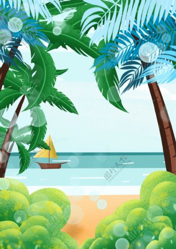 手绘夏日海滩椰树帆船背景设计