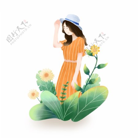 手绘春天植物鲜花装饰草地里站着的长裙女孩