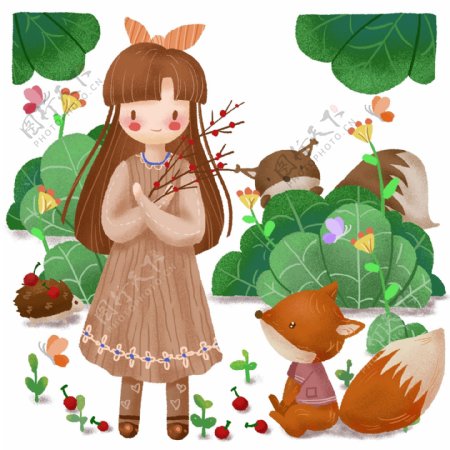 手绘卡通可爱女孩和森林动物狐狸