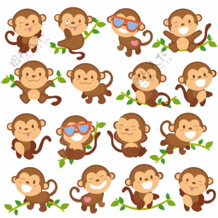 卡通猴子多姿态矢量图