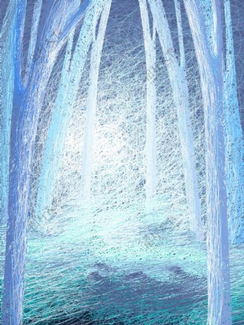 手绘线圈蓝色树林背景设计