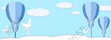 原创蓝色卡通风格热气球蓝天白云纯色背景