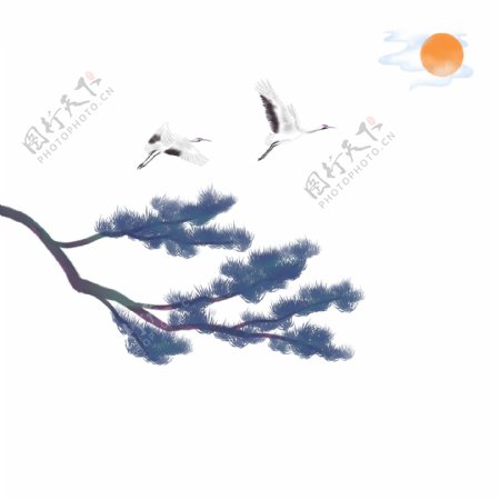 卡通手绘中国风松树仙鹤