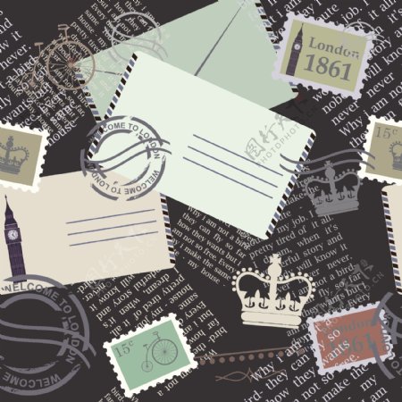 邮票邮戳旅行元素平铺图
