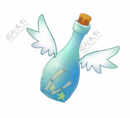 蓝色翅膀漂流瓶插画