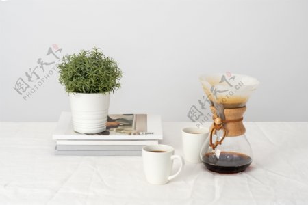 现磨咖啡和盆栽