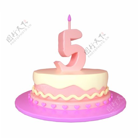 C4D可爱立体5周岁生日蛋糕装饰
