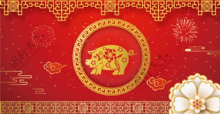 2019猪年烫金风大气花朵海报