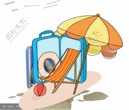 夏日沙滩旅行海岸沙滩椅遮阳伞游泳圈行李箱AI