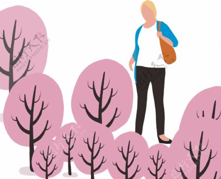 扁平化粉色树丛中站立女人
