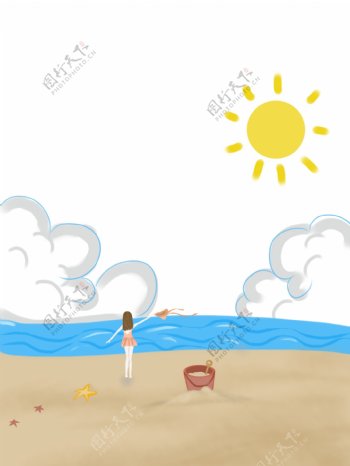 海边沙滩度假少女手绘插画免费下载