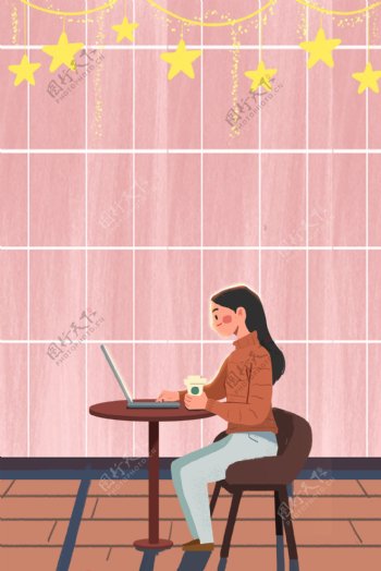 咖啡馆工作的女性插画风海报