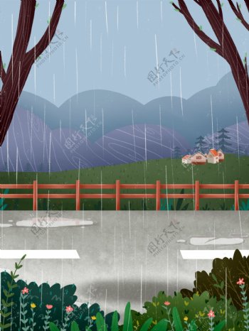 手绘小清新春天里的小雨背景素材