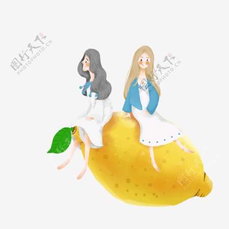 简约坐在柠檬上的女孩插画海报免抠元素