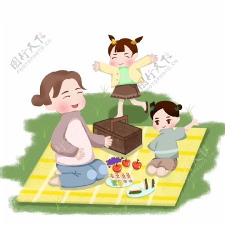 卡通手绘女孩和妈妈郊外踏青野餐